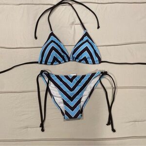 Women's Brown and Blue surf style bikini.
